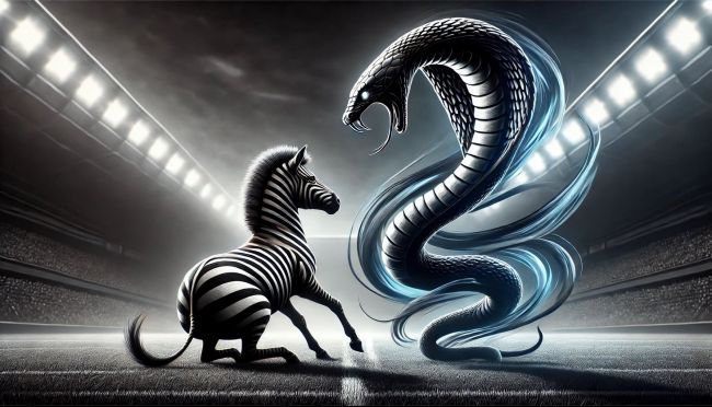 DALL·E 2024-10-25 22.48.17 - A dramatic, symbolic image depicting a black and white zebra in a defensive, prey-like stance while a blue and black snake lunges towards it in an att.jpeg